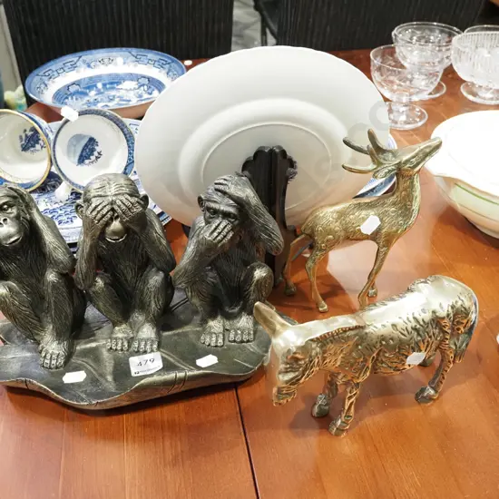 monkey figurine, brass donkey, stag 