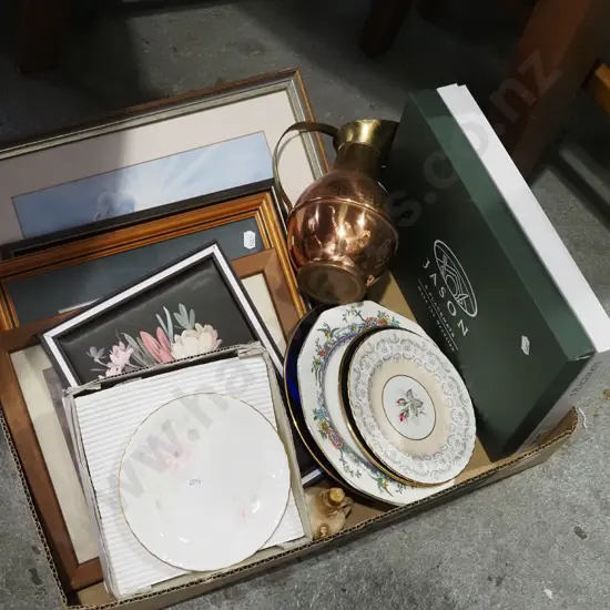 box; various prints, placemats, jug etc
