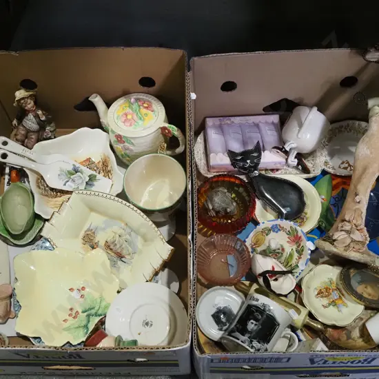 2x boxes; jewellery stand, saucers, ring dish, cake servers  etc - orange dots