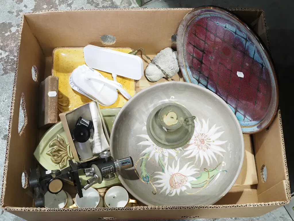 box; microscope, studio pottery bowl, plate etc Image 1++