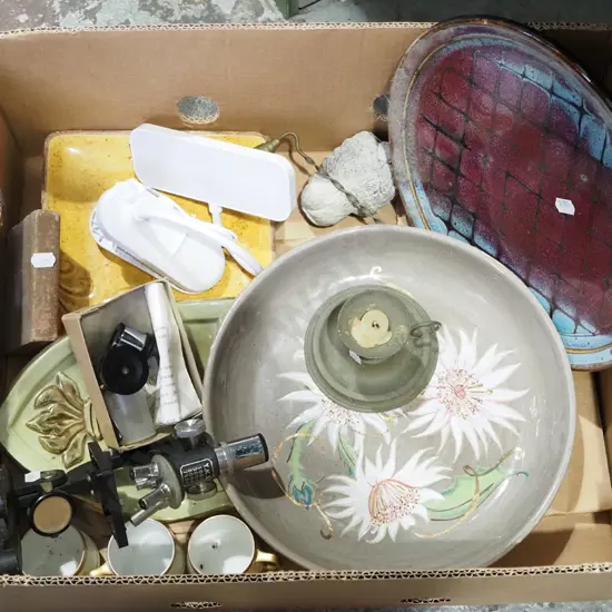 box; microscope, studio pottery bowl, plate etc