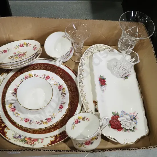 box of trios, plates, crystal vase etc