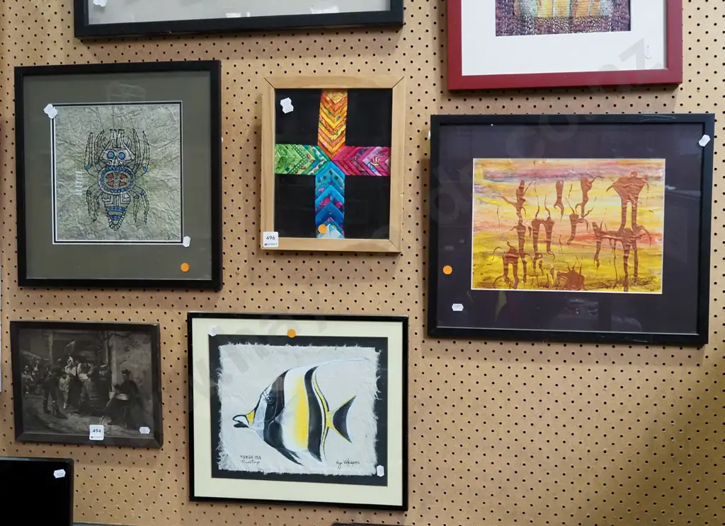 4x framed artworks - needlework, 3x mixed medias - orange dots Image 1++