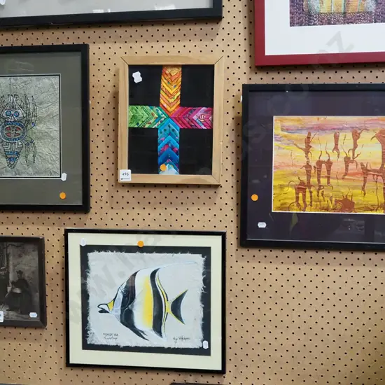 4x framed artworks - needlework, 3x mixed medias - orange dots