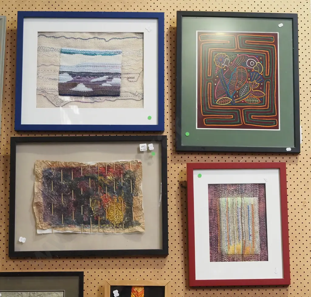 3x framed needleworks, 1x mixed media - green dots Image 1++