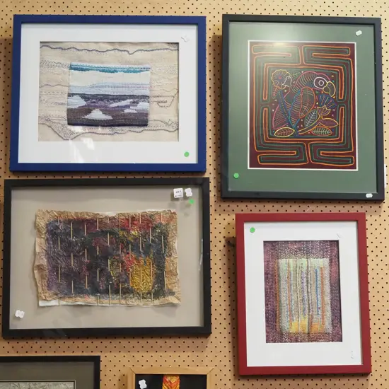 3x framed needleworks, 1x mixed media - green dots