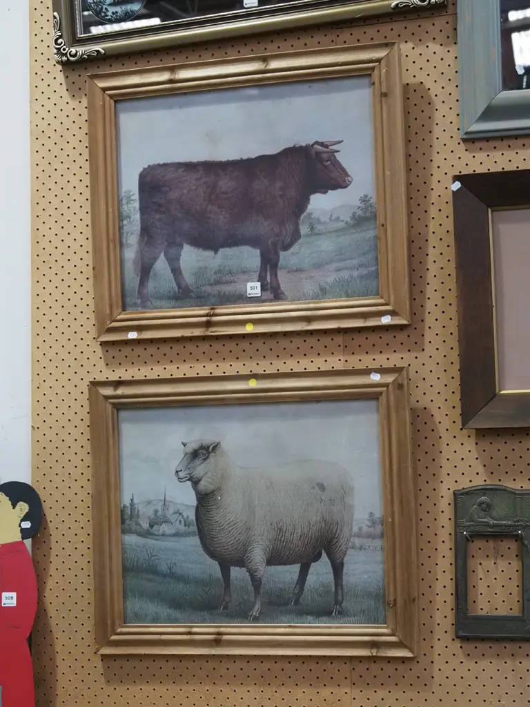 2x framed prints - cow, sheep - yellow dots Image 1++