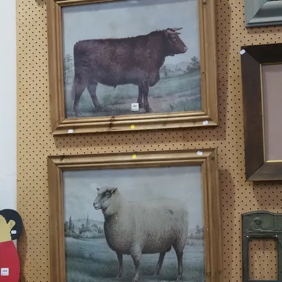 2x framed prints - cow, sheep - yellow dots