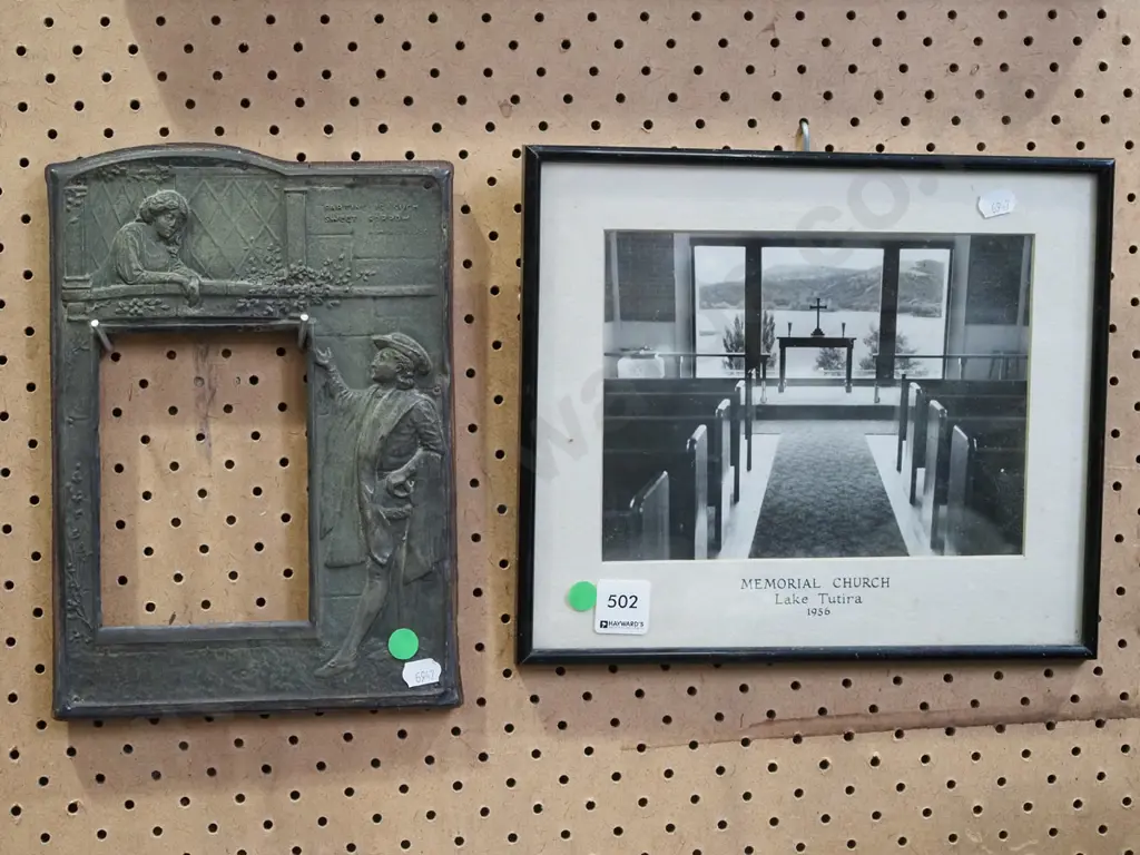 pressed brass and wood Romeo and Juliet picture frame H260, framed photograph - Memorial Church Lake Tutira Image 1++