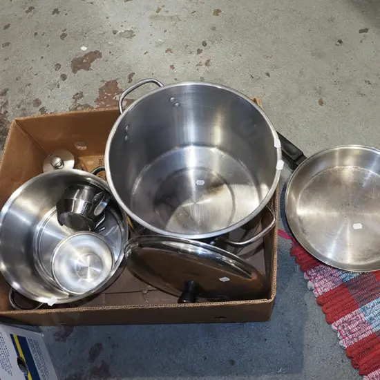 box; stock pots, pans