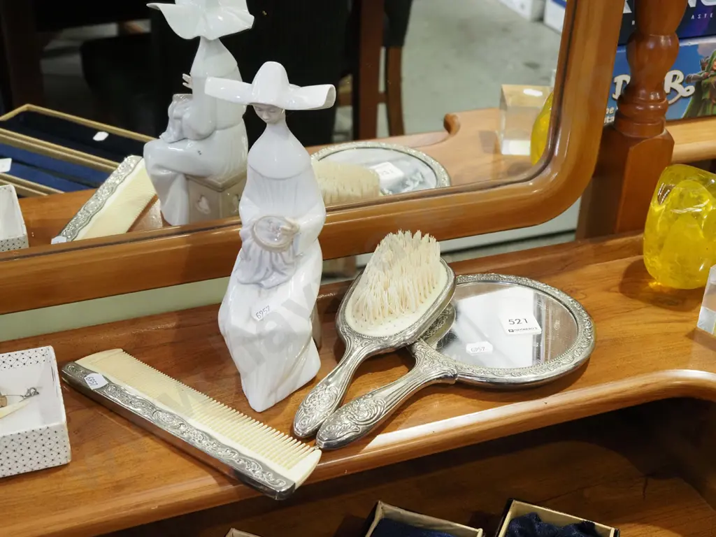 3 piece dressing table set,  Lladro figurine - repairs to neck H210 Image 1++