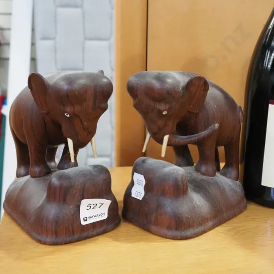 2x carved wooden elephant figurines 