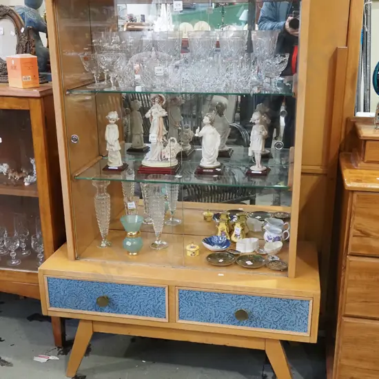 very mid century solid oak 2 door display cabinet with 2 vinyl drawers H1300 W910 D390