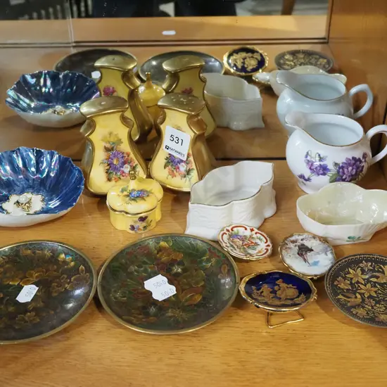 hand painted salt and pepper, creamer, dishes etc