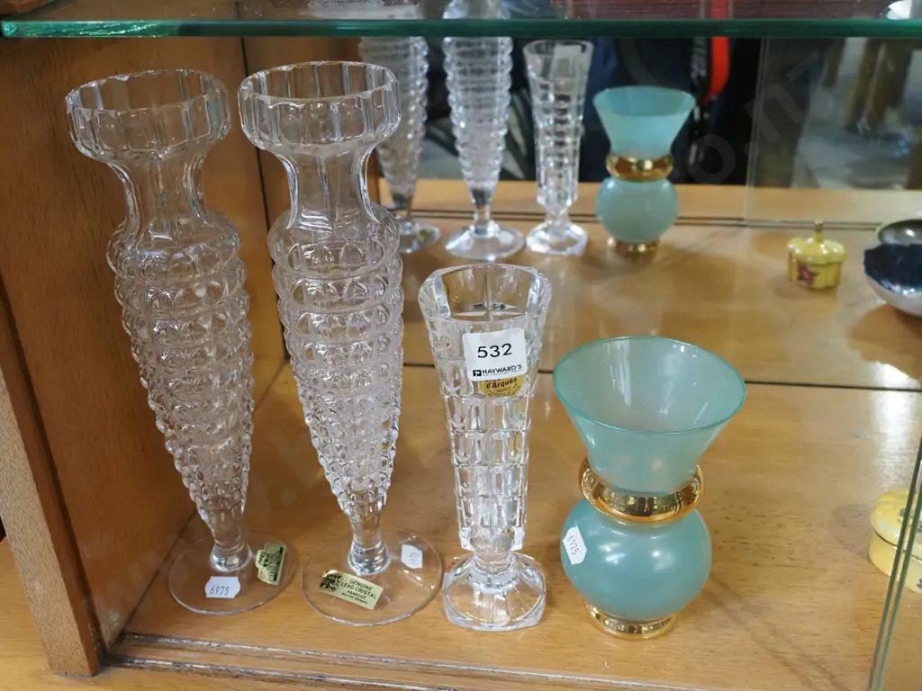 3x cut crystal vases, teal glass vase Tallest H270 Image 1++