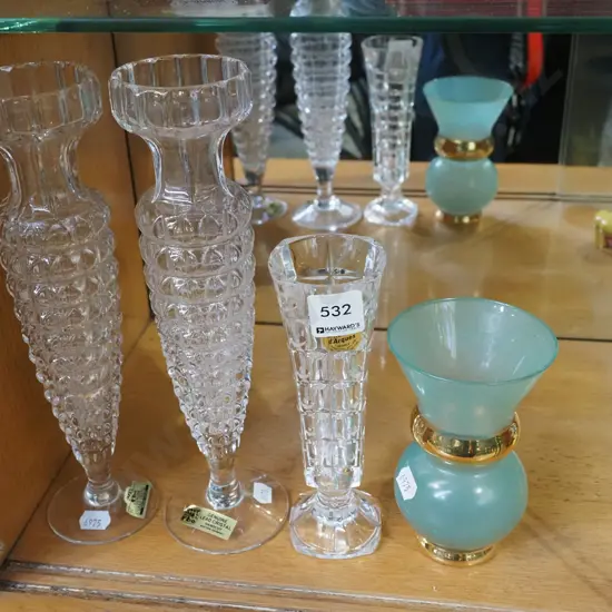 3x cut crystal vases, teal glass vase Tallest H270