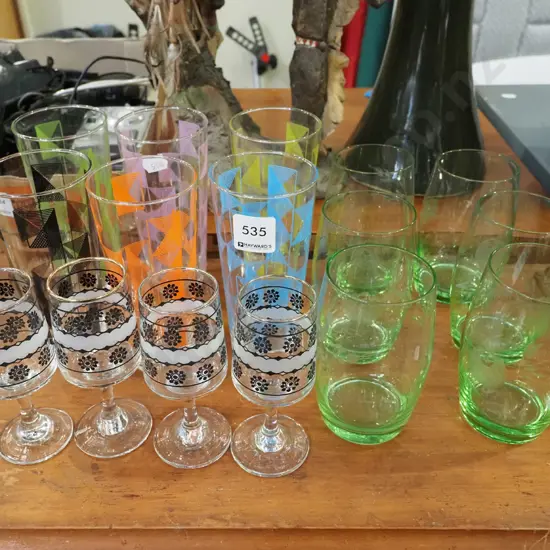assorted glass tumblers, small stemmed sherry glasses