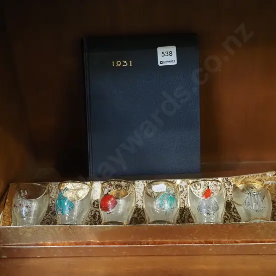 box; shot glasses, 1931 diary