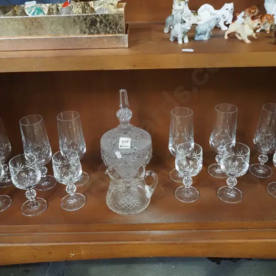 assorted cut crystal glasses, cover pot, jug