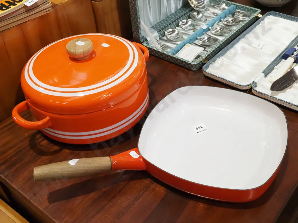 retro enamel lidded casserole, wood handled frying pan Image 1++