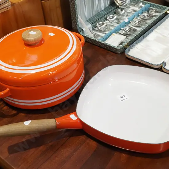 retro enamel lidded casserole, wood handled frying pan
