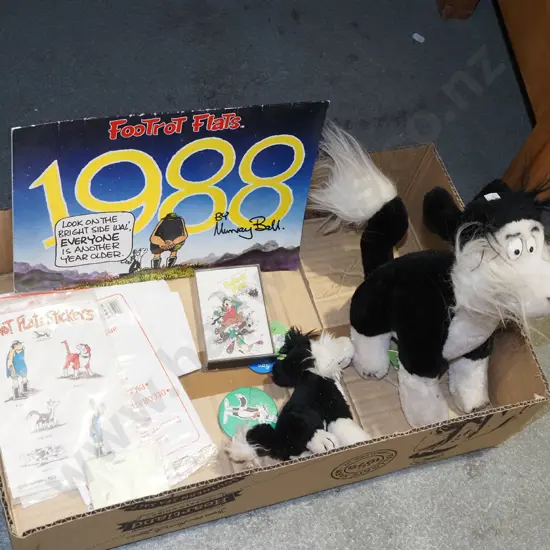 box; Footrot Flats calendar, soft toys, stickers etc