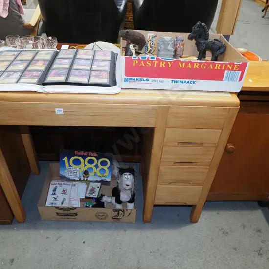 solid rimu and formica top desk, has section on top for sewing machine - has been filled in H770 W955 D380