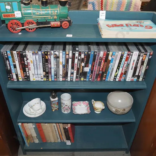 blue painted wooden bookcase H1000 W805 D205
