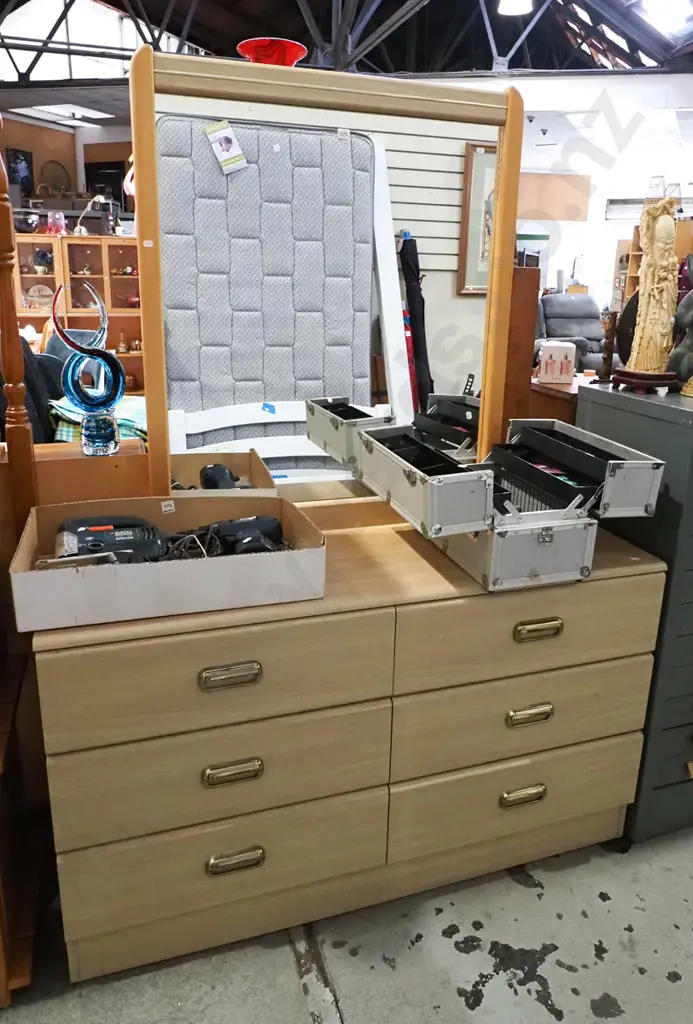 mdf veneer 6 drawer mirror back dresser with brass plated handles H1670 W1200 D400 Image 1++