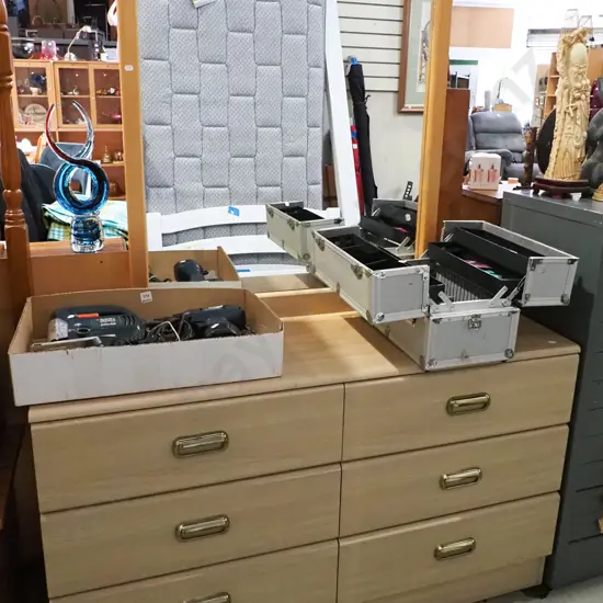 mdf veneer 6 drawer mirror back dresser with brass plated handles H1670 W1200 D400