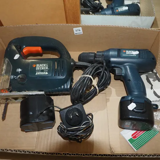 box; Black & Decker jig saw, 9.6V battery drill