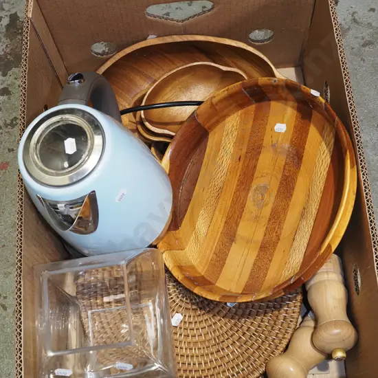 box; wooden dolls, kettle, placemats etc