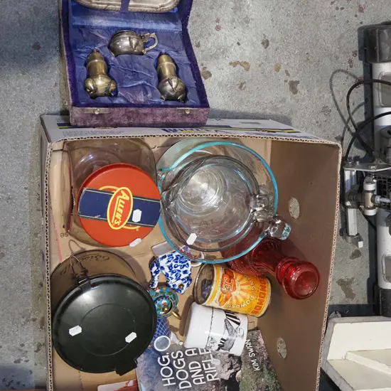 box; books, pyrex jugs, red glass decanter etc