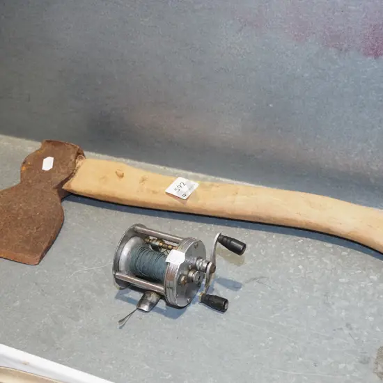 fishing reel, vintage hatchet