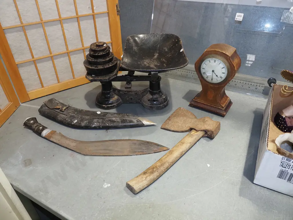 vintage knife and sheath, restorer's clock, balance scales etc Image 1++
