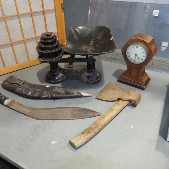 vintage knife and sheath, restorer's clock, balance scales etc