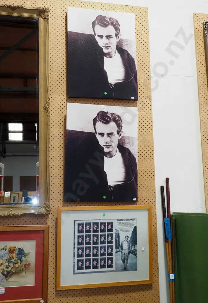 2x boxed prints on canvas, framed James Dean Legends of Hollywood stamps - green dots Image 1++