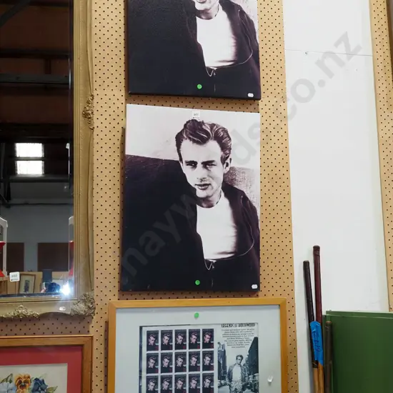 2x boxed prints on canvas, framed James Dean Legends of Hollywood stamps - green dots