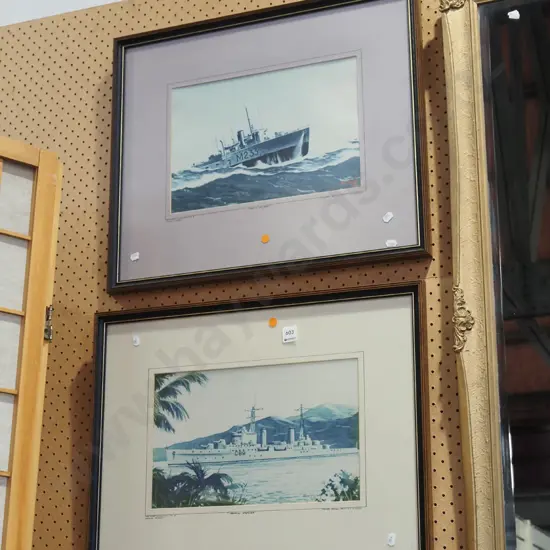2x framed naval prints - orange dots