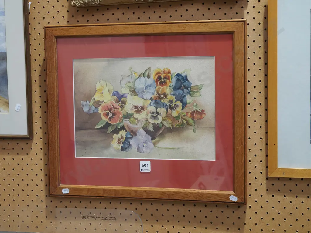 framed watercolour - still life pansies Image 1++