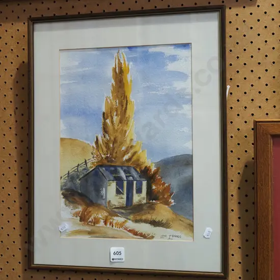 Lois Isaacs framed watercolour - cottage and tree