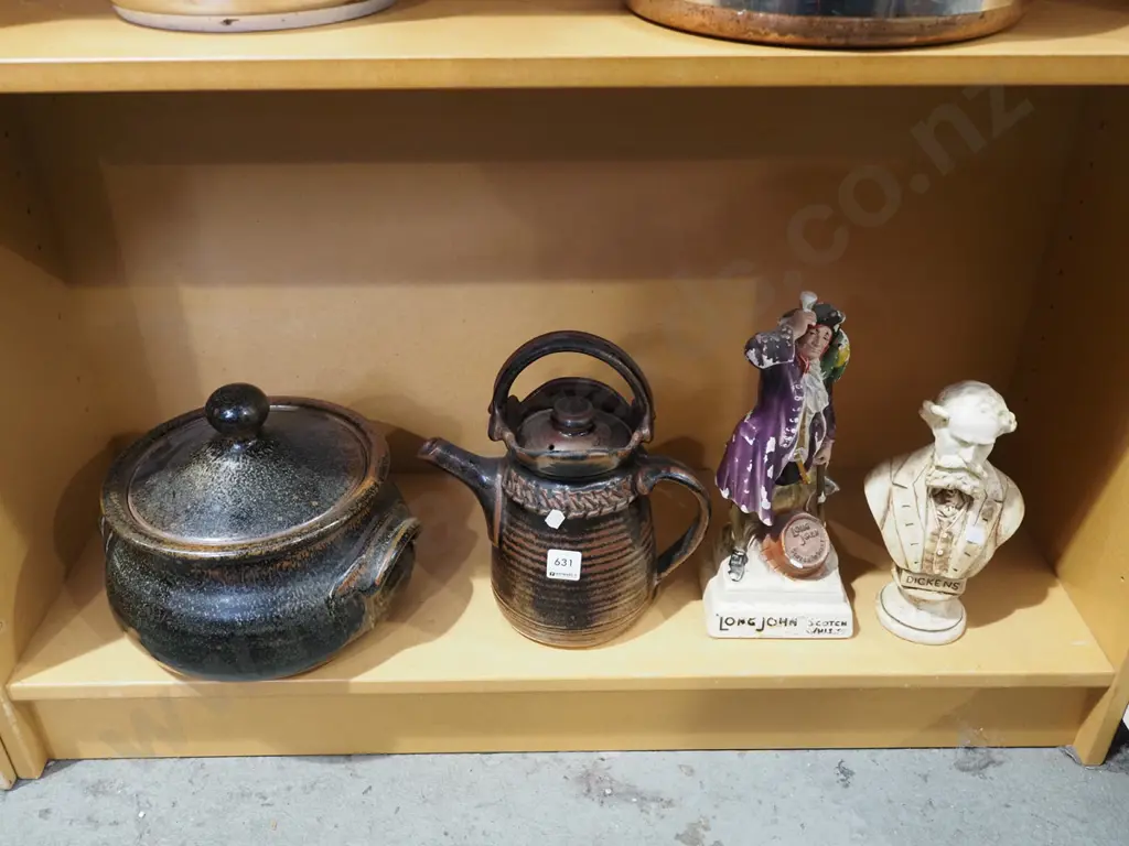 pottery casserole, coffee pot, Dickens figurines , Long John scotch H300 Image 1++