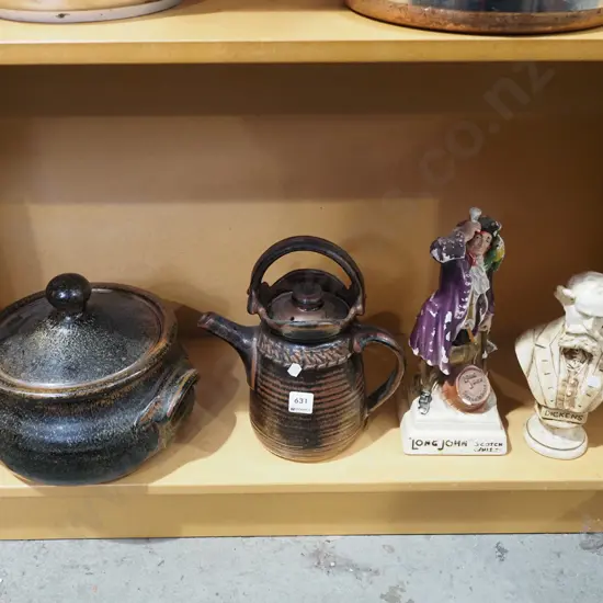 pottery casserole, coffee pot, Dickens figurines , Long John scotch H300