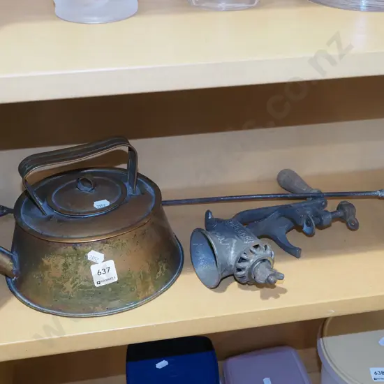 copper kettle, bench mincer, fireside tool