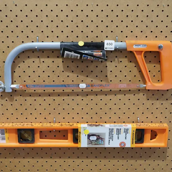 hack saw, builders level - yellow dots