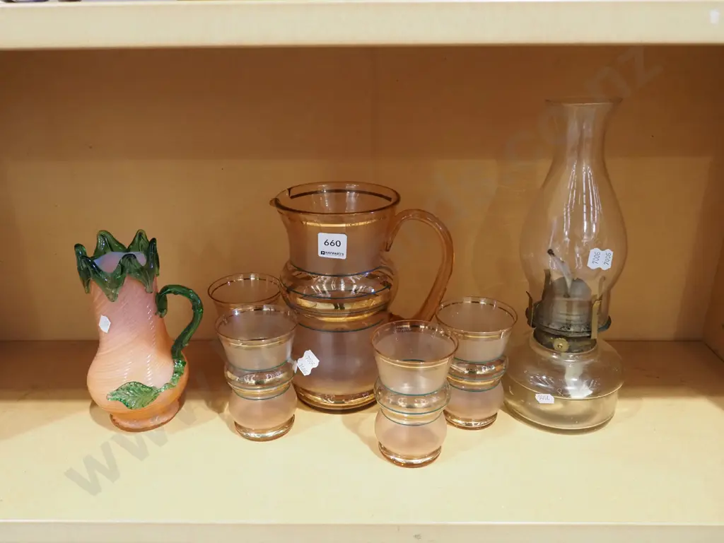 amber glass water jug, 4 glasses, swirled pink and green vase etc Image 1++