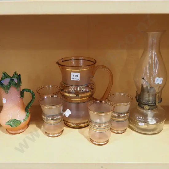 amber glass water jug, 4 glasses, swirled pink and green vase etc