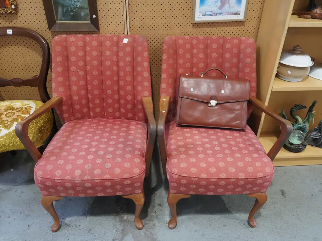 pair of mid century mahogany upholstered armchairs Image 1++