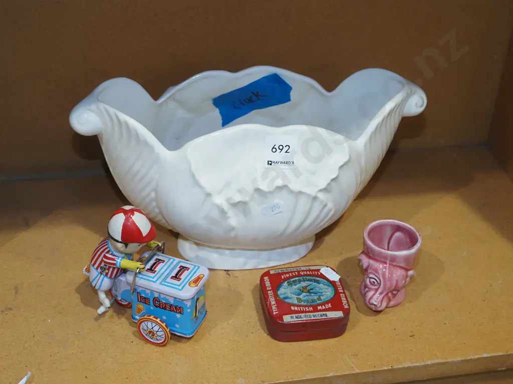 clockwork toy icecream vendor, egg cup, vintage tin, Crown Lynn jug - has crack Image 1++