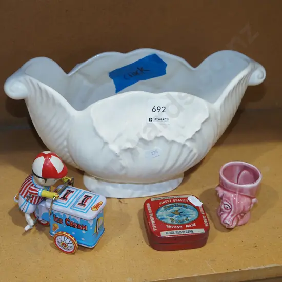 clockwork toy icecream vendor, egg cup, vintage tin, Crown Lynn jug - has crack